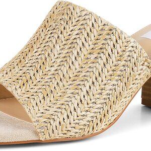 Heeled Sandals Women Raffia Chunky Heels Square Toe Mules Slip On Summer Shoes
